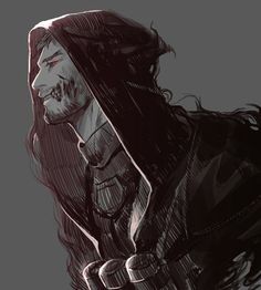 a drawing of a man with long hair wearing a hoodie and holding a knife