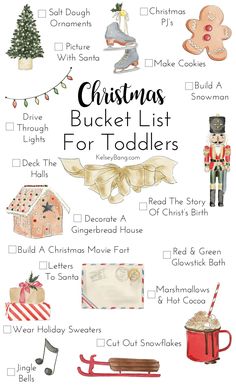 the christmas bucket list for toddlers is shown with toys and other things to do