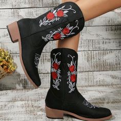 Womens Black & Red Embroidered Square Toe Short Cowboy Boots Casual Fall Boots With Floral Embroidery, Black Boots With Floral Embroidery For Fall, Black Floral Embroidery Boots For Fall, Casual Black Embroidered Boots, Mexican Quinceanera, Black Cowgirl Boots, Short Cowboy Boots, Quinceanera Themes, Ankle Rain Boots