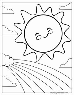 a cartoon sun with a rainbow in the sky and clouds behind it, coloring page