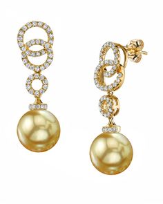 Golden Pearl & Diamond Link Earrings. #pearls  #golden #earrings Yellow Gold Diamond Pearl Earrings With High Luster, Elegant Yellow Gold Diamond Pearl Earrings, Elegant Yellow Gold Pearl Earrings With Diamonds, Yellow Gold Diamond Pearl Earrings With Elegant Design, Yellow Gold Diamond Earrings With Pearl Drop For Evening, Pearl Earrings Designs, Diamond Anklet, South Sea Pearls Earrings, Golden Pearl