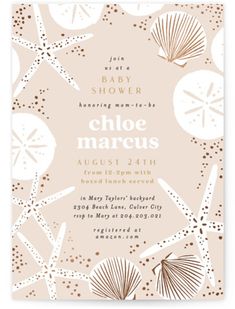 a baby shower is shown with shells and starfishs