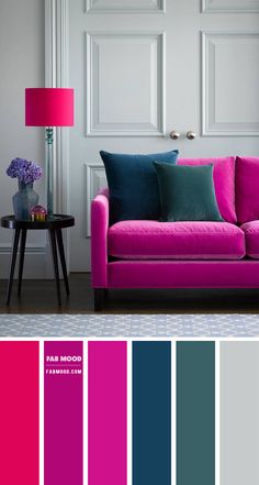 a living room with pink and blue color scheme