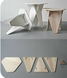 three different types of tables and stools made out of plywood, with the same design