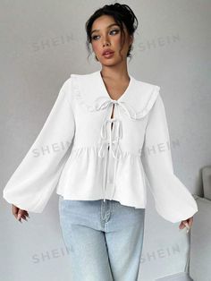 SHEIN Essnce Blusa de manga larga con cuello Peter Pan, unicolor, con lazo delantero y bajo con volantes | SHEIN USA White Long Sleeve Tops With Ruffle Hem, Fall Blouse With Ruffles And Tie Neck, Fall Tie Neck Blouse With Ruffles, White Ruffled Tie-neck Tops, White Ruffled Tie Neck Tops, White Ruffle Tie Neck Tops, Spring Ruffled Collar Top, Spring Ruffled Top With Collar, Feminine Collared Tops With Ruffles