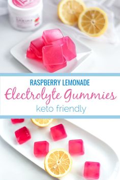 raspberry lemonade ice cubes on a white plate with text overlay