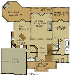 Both the foyer and the family room are vaulted in this rugged Mountain home plan with a delightful open floor plan. The large rear porch has a fireplace to warm your family gatherings. Double doors in the master suite open to its own rear porch. Two bedrooms on the second floor are set up for charming window seats and a loft overlooks both the foyer and the family room below. Added Bonus: The basement is unfinished but plans include a layout for a bunk room, rec room and storage at no extra cost 2000 Sq Ft House Plans, Gallery Corner, Corner Porch, Golf Cart Garage, 2000 Sq Ft House, House Plans 2 Story, Mountain Craftsman, Craftsman Details, Simple Plan