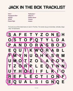 a pink and black poster with the words jack in the box traklist on it