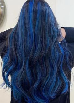 Blue Highlight Hair Color, Royal Blue Underneath Hair, Bright Blue Highlights In Black Hair, Long Hairstyles Blue Hair, Hair Dye Black And Brown, Blue Black Hair With Blue Highlights, Black Hair With Blue Extensions, Black And Blue Hair Wolfcut, Blue And Black Color Block Hair