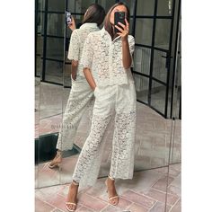 New With Tag Brand Zara Seller: @Chloethy Zara S/S 2024 Collection Pants With A High Waist And Front Pockets. Interior Lining. Cropped Straight Leg. Front Zip, Inner Button, And Metal Hook Closure. Color White | 3278/490 Outer Shell 72% Polyamide 28% Cotton Lining 100% Viscose - Which Has At Least: Outer Shell 30% Rcs-Certified Recycled Polyamide Crop And Pants Set, Lace Trousers, Jeans Blazer, Trousers White, Spring Suit, Romper And Jacket, Lace Set, Zara White, Office Casual