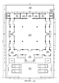 the floor plan for an office building with two car parking spaces and three separate garages