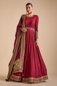 Maroon anarkali featuring sequin bead embellished borders and hemline along with sequin scatter patterns. Comes with zardozi embroidered tasselled dupatta and floral embroidered belt. - Aza Fashions Maroon Anarkali, Embroidered Belt, Women Kurta, Sequin Beading, Set Women, Set For Women, Anarkali, Aza Fashion, Borders