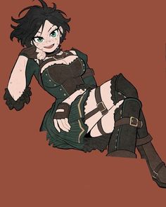 a drawing of a woman with black hair and green eyes sitting on the ground wearing boots