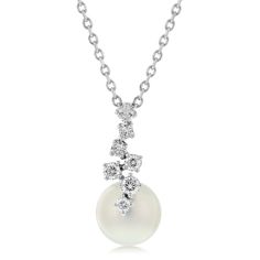 18K white gold akoya pearl and diamond pendant featuring one 8.5MM, A+ akoya pearl, and round brilliant cut diamonds weighing .25 ctw. The pendant is 16-18" in length. Designed by Mikimoto. Formal White Gold Pearl Necklace With Brilliant Cut, Diamond White Pearl Pendant Necklace, Formal Diamond Necklace With Pearl Drop, Formal Pearl Necklace With Diamond Accents In Diamond White, White Diamond Necklace With Pearl Drop, Formal Diamond White Pearl Necklace With Diamond Accents, Formal White Diamond Necklace With Pearl Drop, Formal White Gold Diamond Necklace With Pearl Chain, Diamond White Akoya Pearl Pendant Necklace