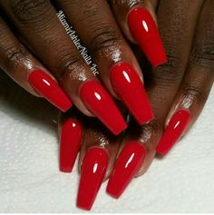 Red Nails For Black Women, Black Women Red Nails, Red Fall Acrylic Nails, Red Nails On Black Women, Rhianna Nails, Coffin Red Nails, Red Nails Black Women, Red Coffin Nails, Red Tip Nails