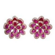 Rose Cut Ruby 13.17 carats Round Diamonds 1.69 carat 18K Rose Gold 21.04 grams Rose Gold Earring, Flower Model, Diamond Earring, Flower Tops, Ruby Rose, Ruby Diamond, Rose Gold Earrings, 18k Rose Gold, Rose Cut