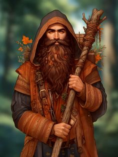 a painting of a man with a long beard holding a stick and wearing a hood