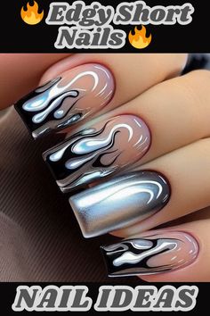 Short nails can still be fierce! Check out this edgy black flame design with a chrome accent nail. 🔥 Get more short nail inspo on my site!,nailart,nails,naildesigns,nailinspo,manicure,beauty,fashion,style,gelnails ,acrylic nails,nailartdesigns,geometricnails,floralnails,frenchmanicure,ombrénails ,marblenails,summernails,winternails,holidaynails,weddingnails,valentinesnails ,rednails,pinknails,bluenails,nudenails,blacknails,springnails Short Flame Nails, Edgy Short Nails, Swirl Nails Designs, Chrome Accent Nail, Nails With Flames, Saved Nails, Ombre Chrome, Short Nail Inspo, Fingernail Ideas