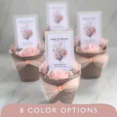 small flower pots with cards in them on a marble countertop and text overlay that says 8 color options for baby in bloom