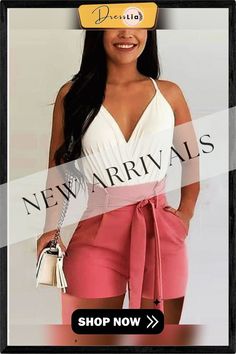 Solid Color V-neck Sleeveless Belted Waist Shorts Suit Set Summer Workwear Halter Neck Jumpsuits And Rompers, Summer Workwear Halter Neck Jumpsuit, Jumpsuit With Belt, Short Suit, Suit Set, Womens Bottoms, Jumpsuit, Solid Color, Womens Shorts