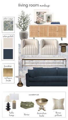 a living room mood board with furniture and decor in shades of blue, beige, gold and white