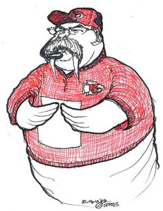 a drawing of a man in a red sweater and hat with his hands on his chest