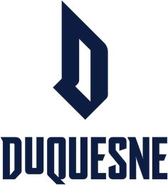 the logo for duquesne is shown in black and blue letters on a white background