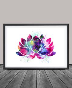 a watercolor painting of a lotus flower on a wooden floor with a white frame