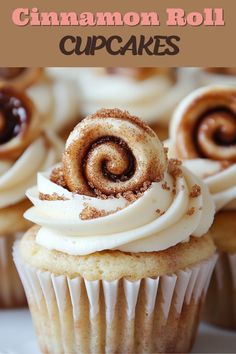 cinnamon roll cupcakes with white frosting and sprinkles on top