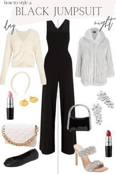 Jumpsuits Outfit Casual, Black Pant Jumpsuit Outfits, From Day To Night Outfit Ideas, Black Jumpsuits For Women Classy, Strapless Jumpsuit Outfit Dressy, Office Jumpsuits For Women, Black Jumpsuit Christmas Outfit, Styling Jumpsuits Winter, How To Accessorize A Black Jumpsuit For A Wedding