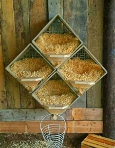 four metal trays filled with food on top of a wooden floor next to a wall