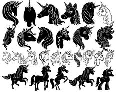 the silhouettes of different unicorns are shown in black and white on a white background