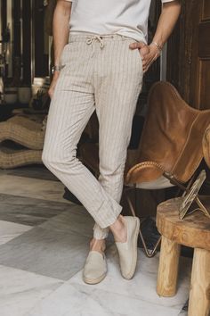 Cholp- No. #332 -  RF Collection Beige Striped Tapered Mens Linen Trousers Pants Slim Fit. Set sail for new adventures with Signature Collection. Shop Now