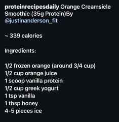 the ingredients for an orange creamsice smoothie are shown on a black background