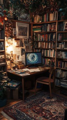 a desk with a computer on top of it in front of a book shelf filled with books