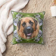 a dog's face is shown on a pillow with the image of his owner