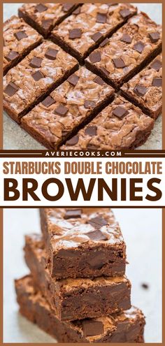 chocolate brownies stacked on top of each other with the words starbucks's double chocolate brownies