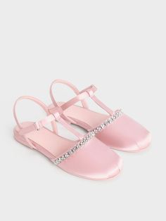 Pink Girls' Satin Gem-Embellished T-Bar Flats - CHARLES & KEITH US Pink Flats, Charles Keith, Toe Designs, Pink Satin, Festive Season, Pink Girl, Festival Season, Soft Pink, Special Events