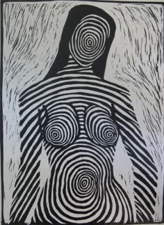 a black and white drawing of a woman's torso with spirals on it