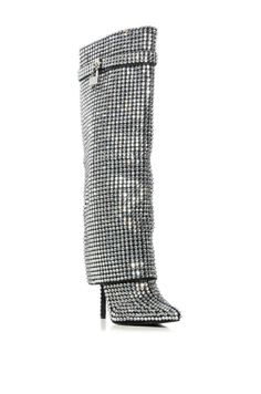 The HEMLOCK-SILVER CRYSTAL FOLD-OVER STILETTO BOOT is a sophisticated choice for a night out. These feature a sleek knee high cut, pointed toe, and silver rhinestone embellishments. A perfect finishing touch comes from the silver lock hardware accent on the shaft. Step out in style for your next evening event! Shaft Height: 14" Opening Circumference: 15" Heel Height: 4.5" Fold Over Boots, Azalea Wang, High Fashion Outfits, Sandal Platform, Chic Leather, Beautiful Boots, Key Lock, Cherry On Top, Plus Size Shopping