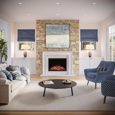 a living room filled with furniture and a fire place under a painting on the wall