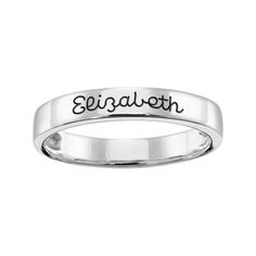 Crafted from sterling silver, the Keystone Personalized Engraved Ring is a simple yet elegant accessory suited for personal use or to give as a gift. This piece features a 3.25mm band where you can have etched a name, a special message, or anything of your choice for up to 20 characters. This personalized name ring piles easily and beautifully over keystone stacking rings, giving you a truly distinct keepsake. Use it as an actual ring or as a display piece. Size: One Size.  Gender: female.  Age Classic Engraved Ring With Polished Open Band, Classic Engraved Ring With Open Band And Polished Finish, Classic Engraved Open Band Ring With Polished Finish, Sterling Silver Engraved Open Band Jewelry, Elegant Sterling Silver Stackable Signet Ring, Elegant Stackable Sterling Silver Signet Ring, Sterling Silver Rings With Polished Finish For Promise, Sterling Silver Open Band Jewelry For Formal Occasions, Formal Fine Jewelry Engraved Stackable Ring