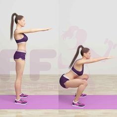 a woman doing squats on a purple mat