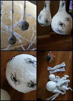 several pictures of halloween decorations with spider webs on the top, bottom, and bottom