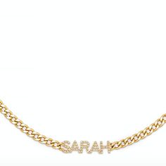 The RILEY Diamond Curb Chain Name Necklaces features a pave set diamond modern sans-serif font name hung on a 16" statement curb chain. Letters measure approximately 6mm in height and a 5-character name measures approximately 1" in width. Accommodates up to 8 characters. This style is custom made to order. Please allow 5-6 weeks for necklace to ship. Personalized Diamond Cuban Link Necklace, Personalized Cuban Link Diamond Necklaces, Elegant Nameplate Curb Chain Necklace, Gold Diamond Accent Nameplate Necklace, Gold Nameplate Diamond Necklace With Accents, Gold Diamond Nameplate Necklace With Accents, Yellow Gold Diamond Name Necklace, Gold Diamond Necklace With Curb Chain For Anniversary, Gift Cuban Link Diamond Necklace With Curb Chain