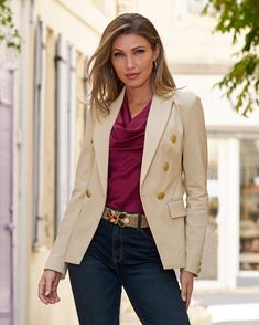 Updated tailoring and allover stretch offer a flawless fit with unstoppable style and comfort you'll love with this modern double-breasted blazer, finished with distinctive gold-tone crested buttons for a luxe touch. From basic tank tops to sensuous charm blouses, this jacket will be a wardrobe essential. Best Hair Vitamins, Denim Jean Dress, Cozy Tops, Basic Sweaters, Sweater Layering, Hair Vitamins, Embellished Denim, Travel Dress, Basic Jackets