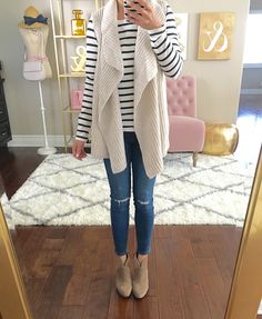 Cable knit sweater vest, striped shirt, petite distressed ankle jeans, franell ankle booties, fall outfit, casual outfit, fall fashion, petite outfits - click the photo for outfit details! Fall Fashion Petite, Booties Outfit Fall, Long Sweater Vest, Cardigan Outfit, Plaid Cardigan, Fashion Petite, Outfit Fall, Vest Outfits, Petite Outfits