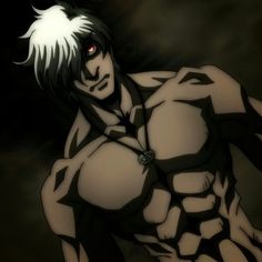 an anime character with white hair and red eyes, posing for the camera in front of a dark background