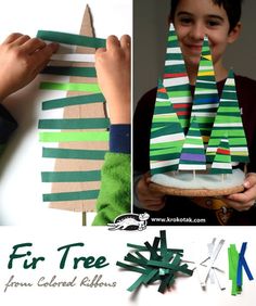 a collage of photos showing children making christmas trees out of strips of colored paper