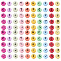 the numbers are arranged in different colors and sizes, including one with an odd shape